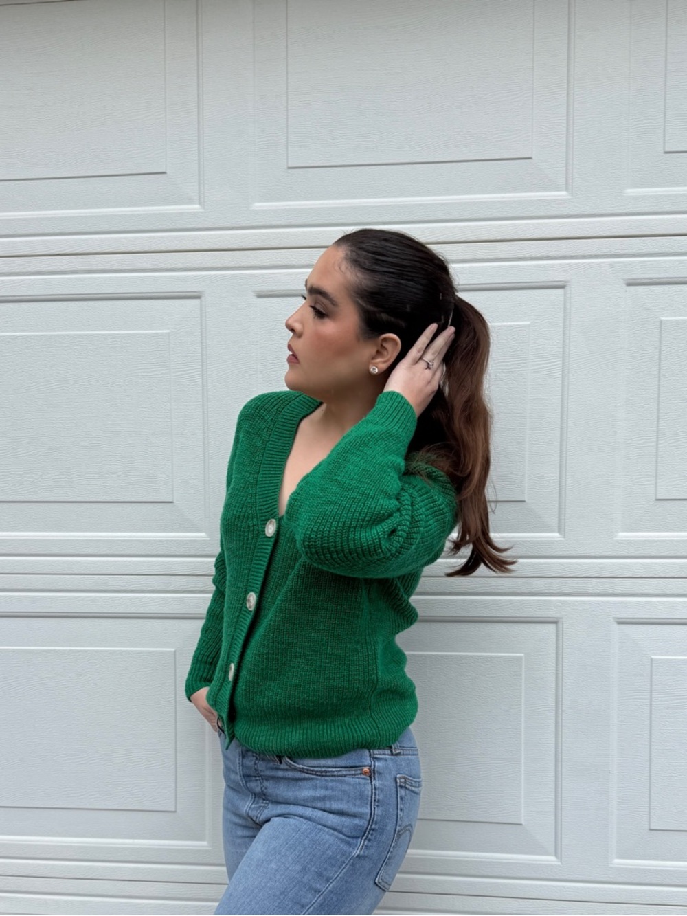 LOFT Green Cozy Button-Front Cardigan - Picture 3 of 9